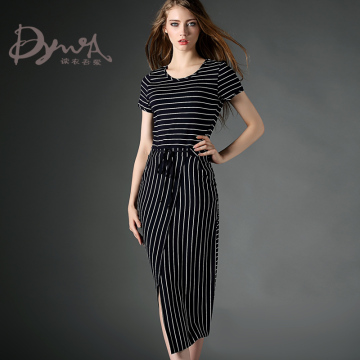 DYWA 2015夏季新款气质条纹弹力针织薄棉开叉修身长裙显瘦连衣裙
