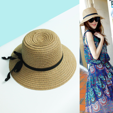 春夏新款女士宽檐休闲度假沙滩圆顶遮阳防紫外线小礼帽草帽可折叠