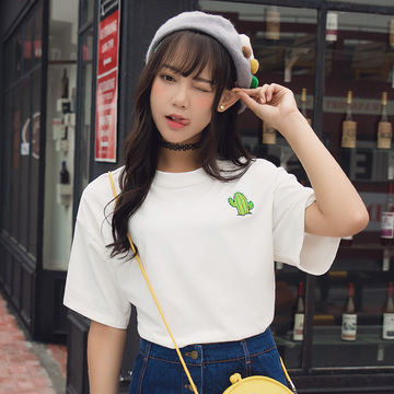 2016夏装新款T恤韩版短款BF宽松仙人掌图案刺绣短袖T恤上衣女包邮